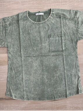 Zenana Washed Olive Green Pocket Tee | Vintage Mineral Wash Relaxed Fit Top NEW